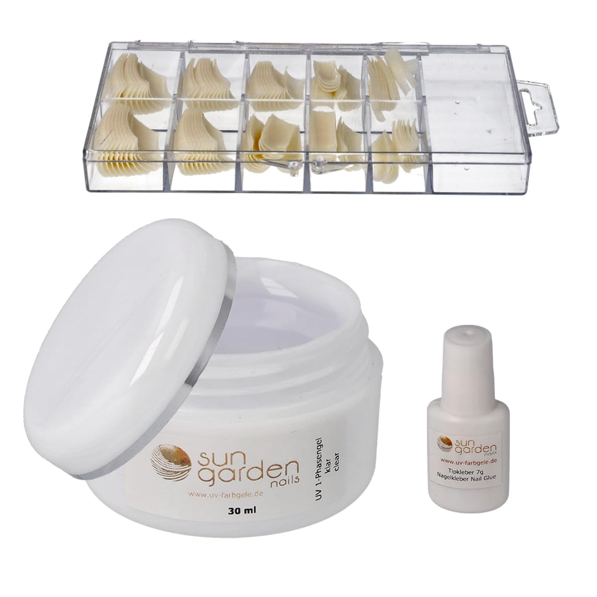 Sun Garden Nails Gel transparent monophasique 30 ml + boîte de 100 embouts + colle pour embouts 7 ml