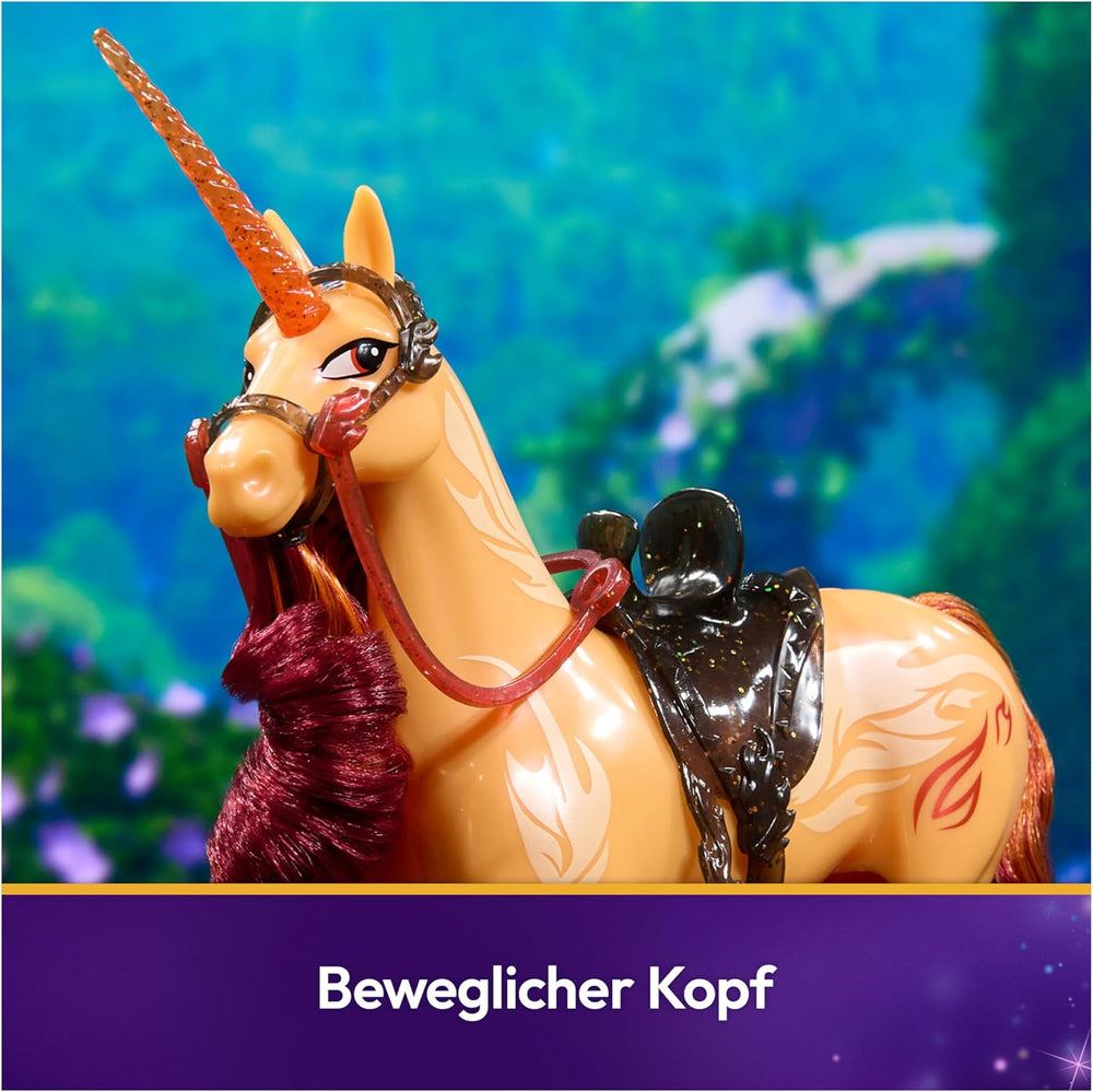 Unicorn Academy Cinder la Licorne - Licorne Valentina originale de 28 cm de haut de la série Netflix, avec une vraie crinière et une vraie queue, une bride, une selle et une brosse amovibles, pour les enfants à partir de 4 ans