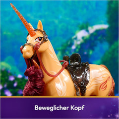 Unicorn Academy Einhorn Cinder - 28 cm groß, Original-Einhorn von Valentina zur Netflix-Serie, mit echter Mähne und Schweif, abnehmbarem Zaumzeug und Sattel sowie Bürste, für Kinder ab 4 Jahren