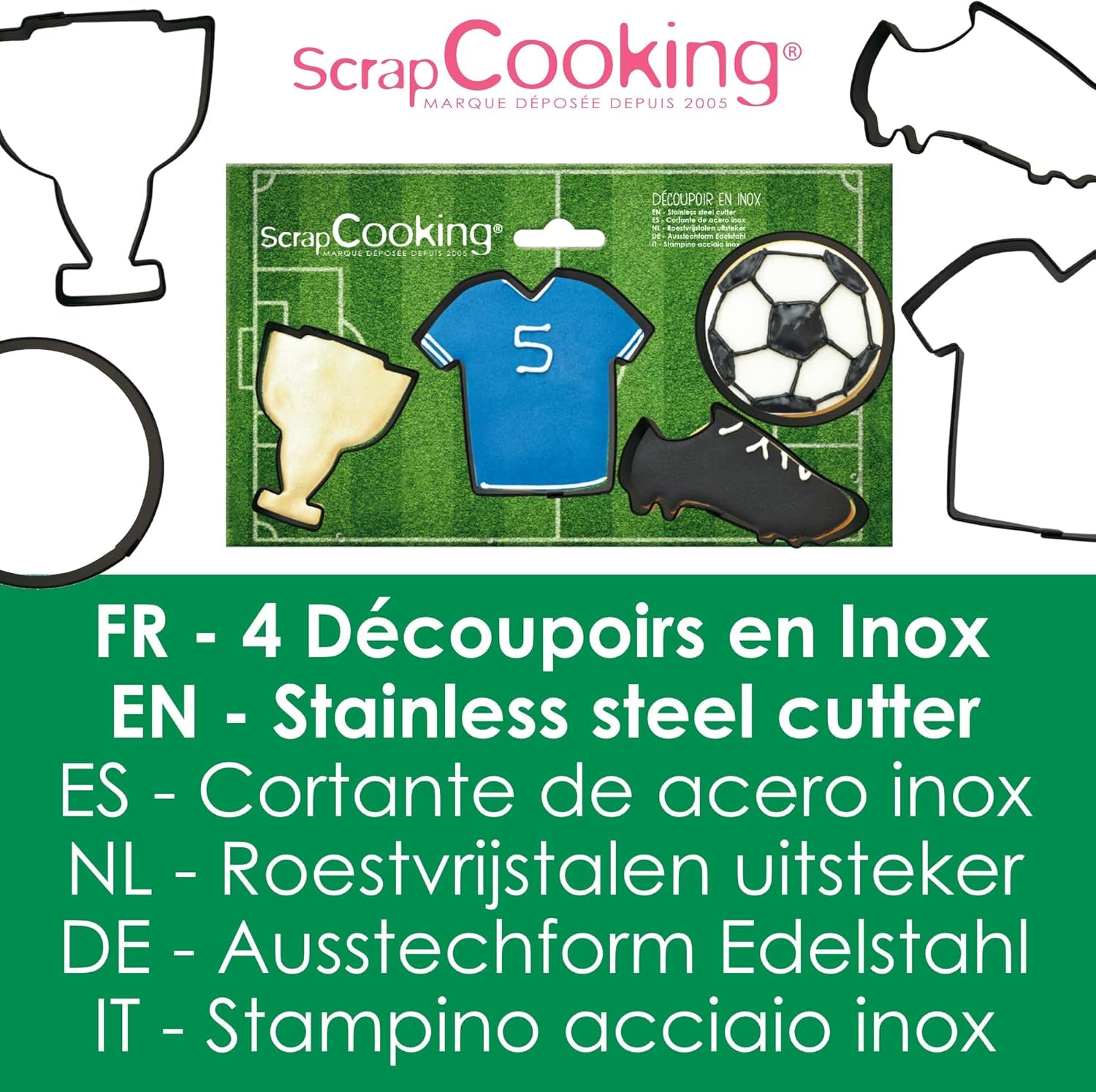 SCRAP COOKING 4 Emporte-pièces en Forme de Football - Emporte-pièces en Acier Inoxydable - Football, T-Shirt, Chaussure, Tasse - Mini Moules à Gâteaux - Accessoires de Pâtisserie, Décorations d'Anniversaire - 2086