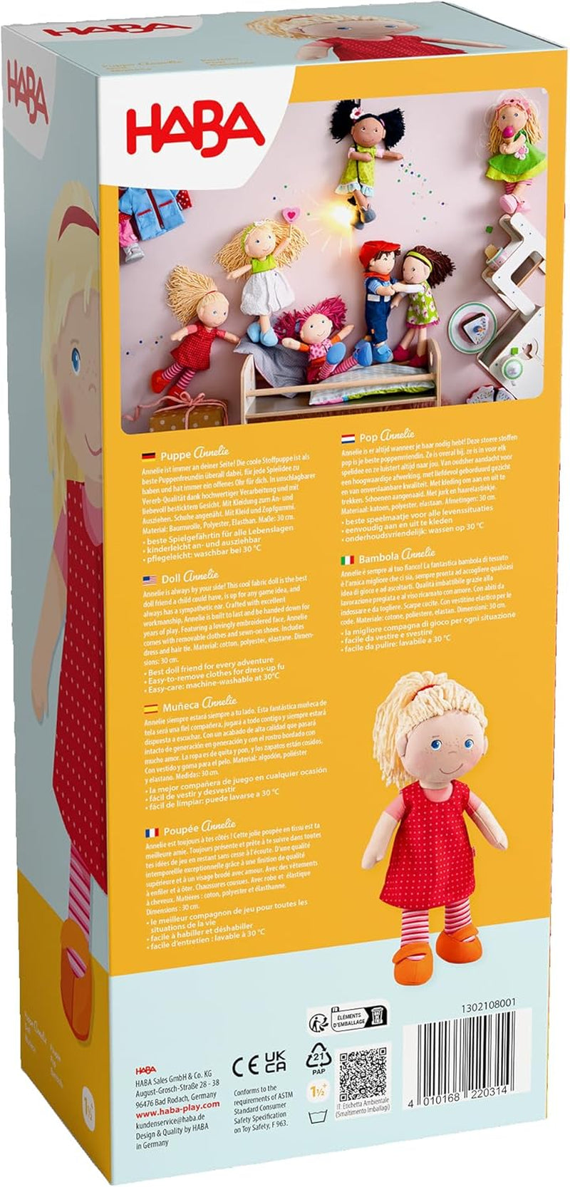 HABA 302108 - Poupée Annelie, poupée en tissu avec vêtements et cheveux, 30 cm, jouet à partir de 18 mois, rouge Poupées Naty Shop