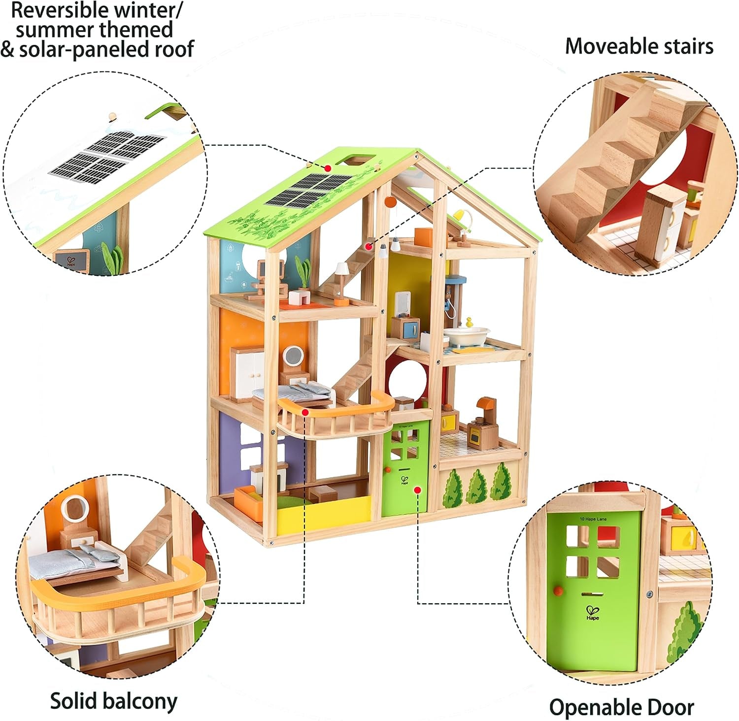 Casă de păpuși Hape Four Seasons - casă de păpuși cu trei etaje, din lemn, premiată, cu mobilier, accesorii, scări glisante și acoperiș reversibil pentru fiecare anotimp, pentru copii cu vârsta de 3 ani și peste