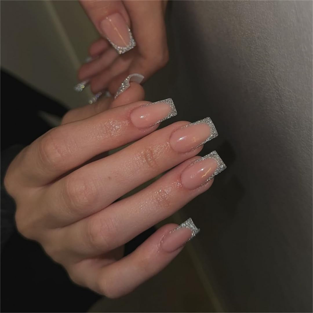 Longs conseils français colle à paillettes d'or sur les ongles longs carrés paillettes pointe française faux ongles ensemble ongles artificiels carrés pour les femmes 24 pièces