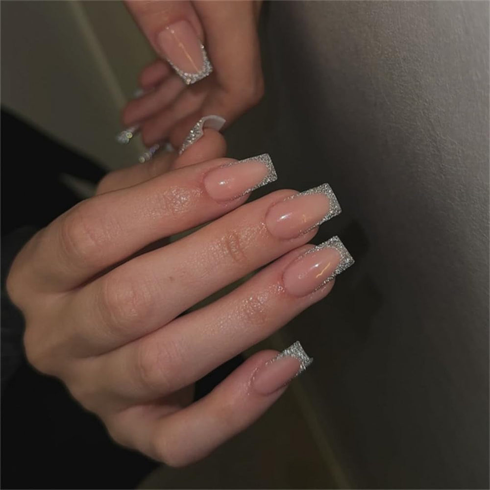 Longs conseils français colle à paillettes d'or sur les ongles longs carrés paillettes pointe française faux ongles ensemble ongles artificiels carrés pour les femmes 24 pièces