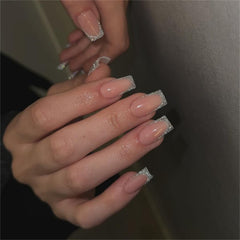 Longs conseils français colle à paillettes d'or sur les ongles longs carrés paillettes pointe française faux ongles ensemble ongles artificiels carrés pour les femmes 24 pièces