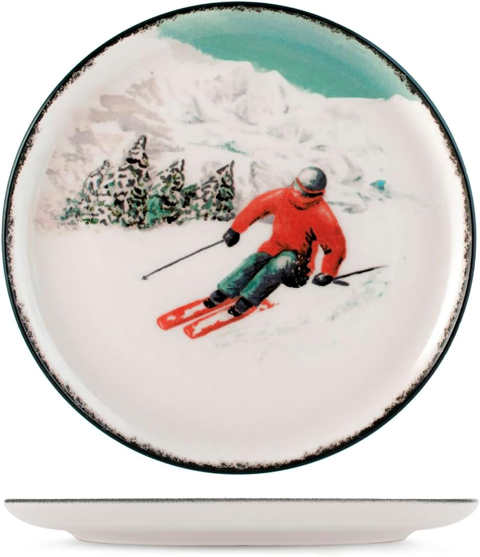 Winter Escape Service de table de Noël 12 pièces en grès – Design skieur d'hiver nordique – Passe au lave-vaisselle et au micro-ondes