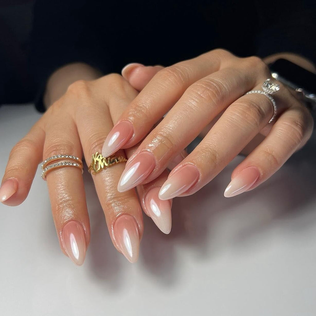 Unghii cromate autoadezive - Unghii maro cu sclipici pentru lipire, culoare migdale medii, unghii false strălucitoare, unghii artificiale pentru lipire, unghii acrilice glazurate pentru femei, 24 bucăți