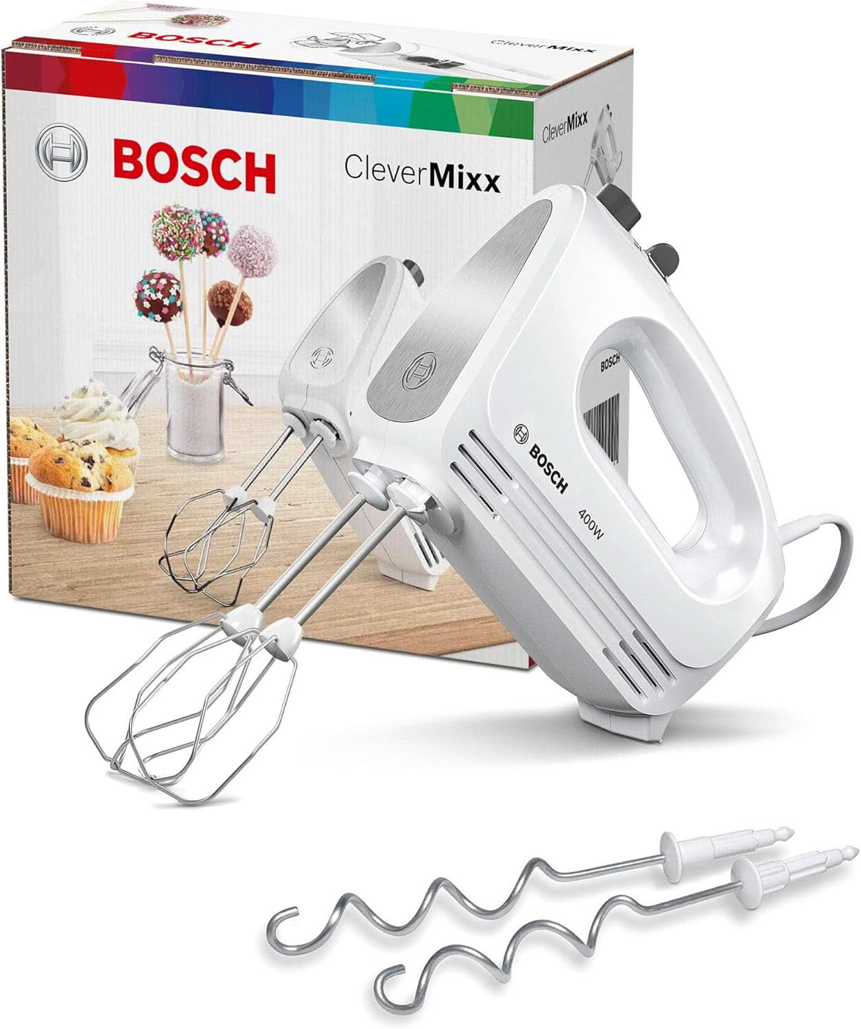 Bosch Hausgeräte Handrührer Clevermixx MFQ24200, 2 Rührbesen, 2 Spülmaschinengeeignet, 4 Stufen, Leicht, Leise, 400 W Blanc/Edelstahl Cuisine Naty Shop
