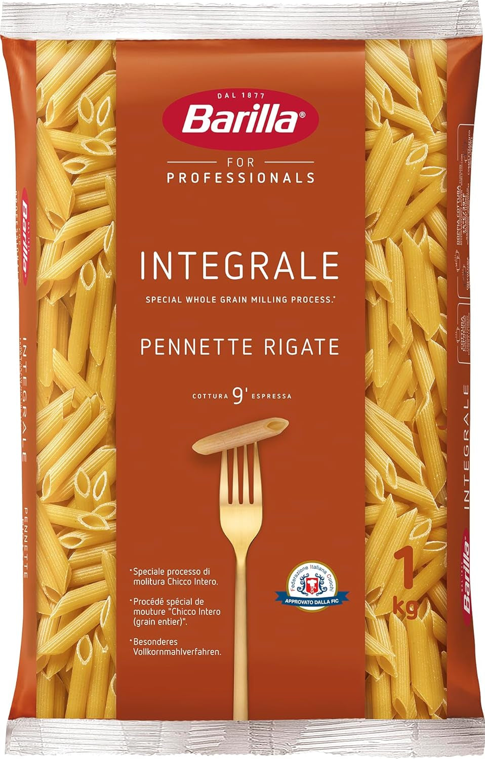 Pâtes complètes Barilla Pennette Rigate, paquet de 9 (9 x 1 kg)