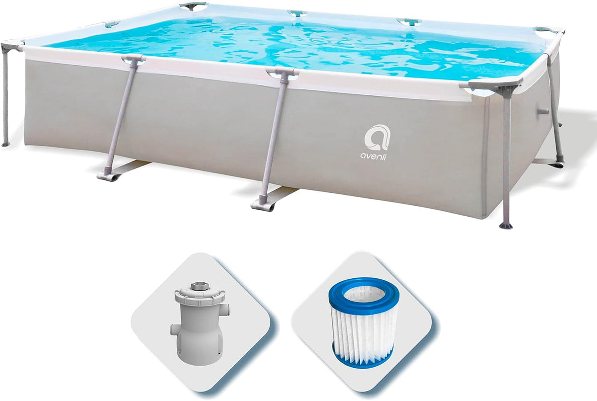 Piscină supraterană Avenli Pool 300 x 207 x 65 cm, cadru din oțel, set piscină cu pompă de filtrare, furtunuri și cartuș de filtrare, cadru gri, piscină dreptunghiulară