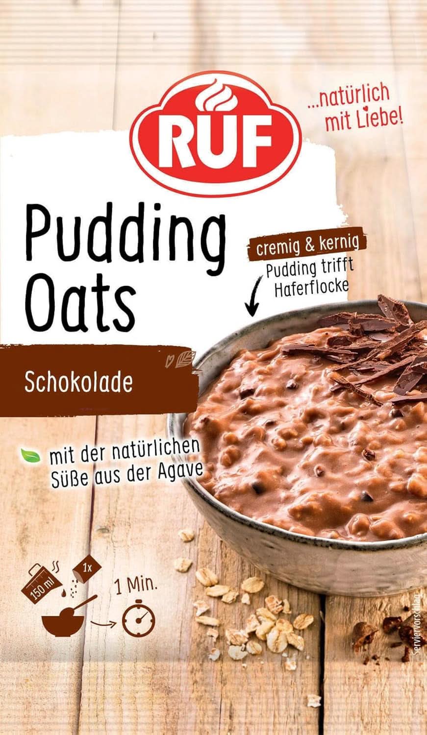 RUF Pudding Oats Caramel, budincă de caramel și fulgi de ovăz integral, fără zahăr, îndulcit cu sirop de agave, 64 grame Cereale Naty Shop 64 grame Ciocolata