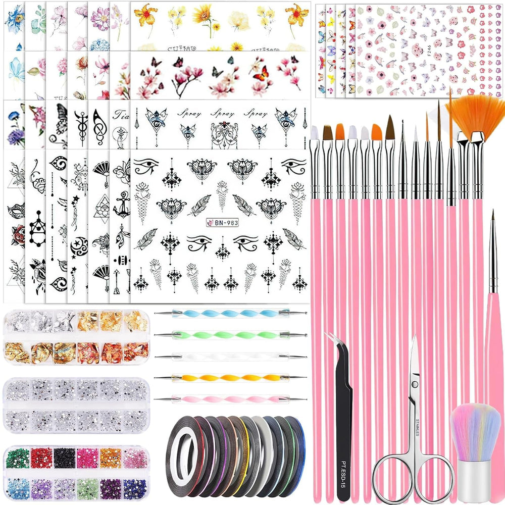 53 autocollants de perles, ensemble de pinceaux et de décorations pour nail art, 15 pinceaux, 5 stylos à points, strass, or noir pour l'art de l'art, les paillettes, les travaux d'art et les ensembles de décorations