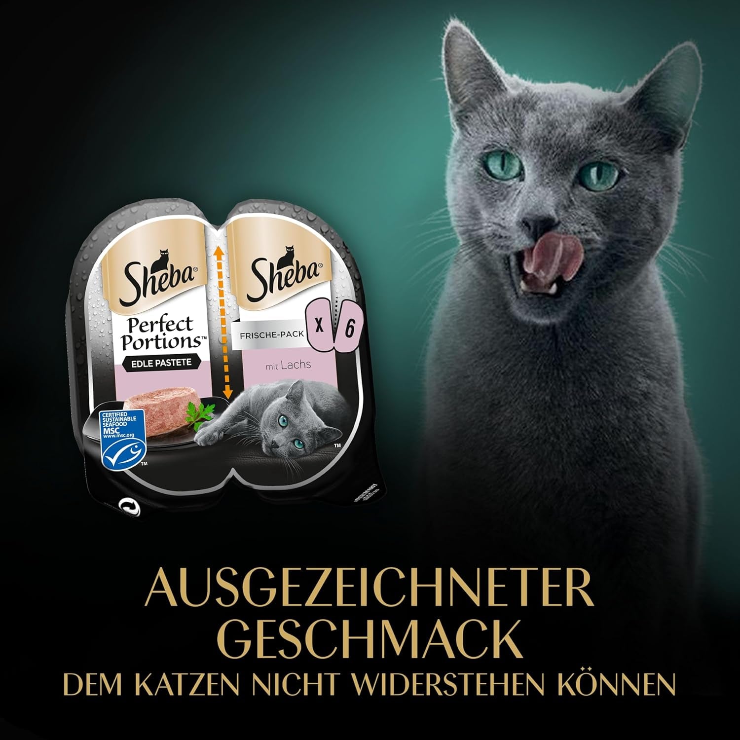 Pateu pentru pisici SHEBA Perfect PORTIONS cu somon, certificat MSC, 8 x 3 x (2 x 37,5g) = 225g (Ambalajul va fi actualizat)