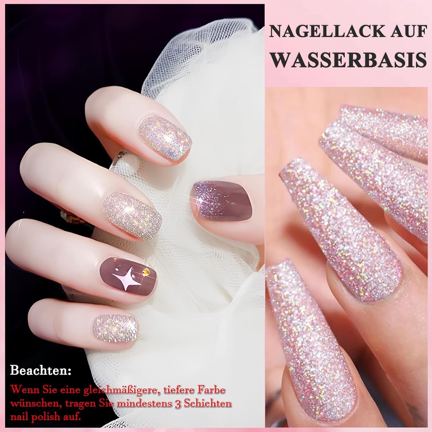 Oja cu sclipici roz - Oja non-toxică, pe bază de apă, pentru femei - Oja cu uscare rapidă - Oja cu sclipici reflectorizant pentru nail art DIY acasă (Roz transparent, 10 ml)