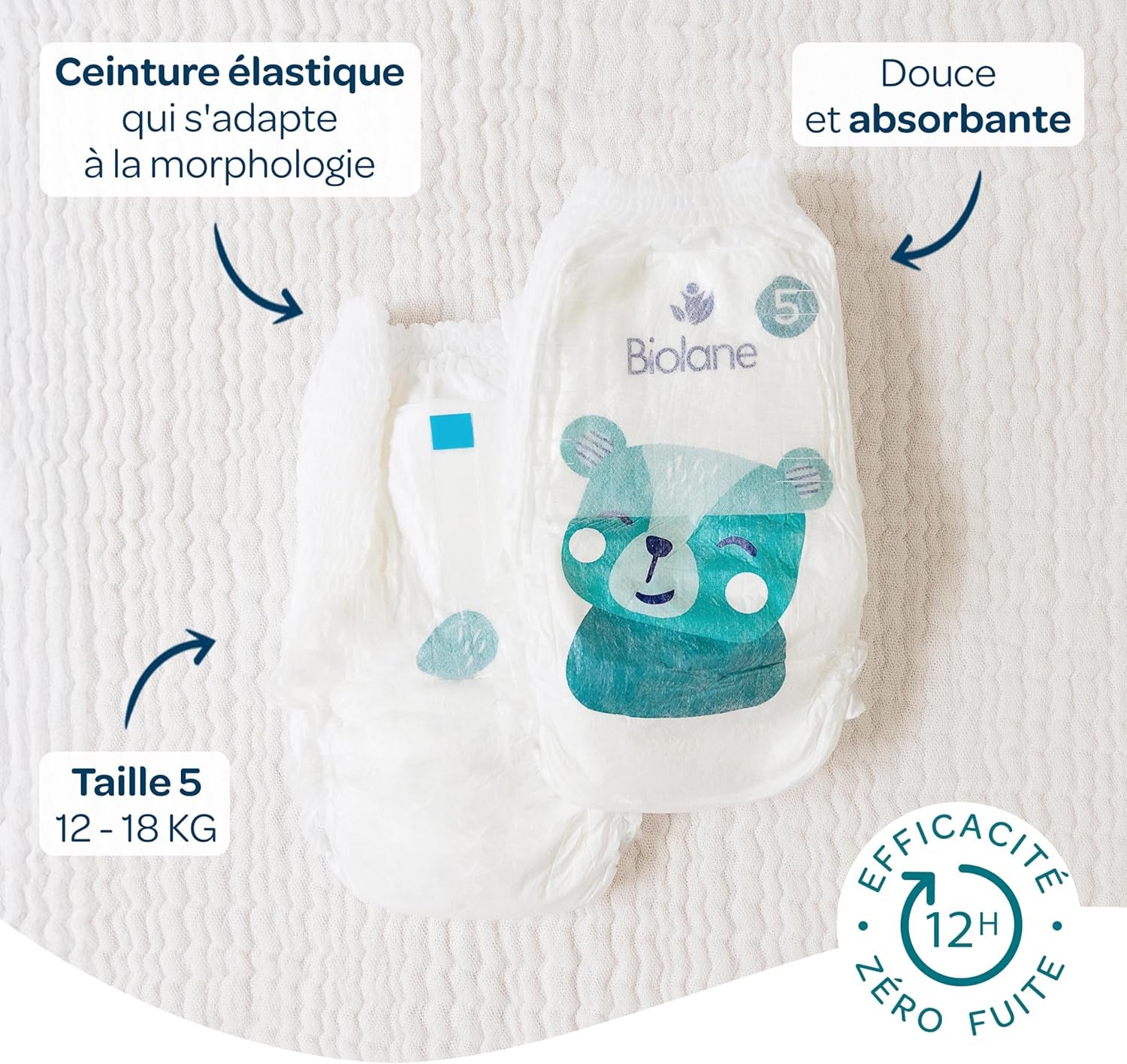 BIOLANE - Couches courtes - Taille 5 (12-18 kg) - étanchéité 12 heures - pack 1 mois - 120 couches - écologique