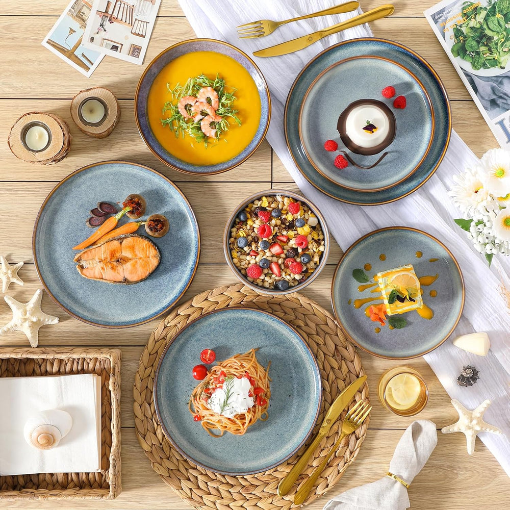 Geschirrset 6 Personen, vancasso PLAYA 24tlg Reaktive Glasur Steingut Tafelservice 6 Personen Modern, Beinhaltet Schüssel, Suppenteller, Dessertteller, Speiseteller, Spülmaschinenfest, Lavendelblau