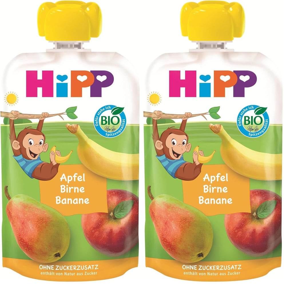 HiPP sachets de fruits bio, à presser, pomme, poire, banane - Anton Maimuta (8 x 100g), à partir de 1 an, 100% purée de fruits, sans sucre ajouté, vegan, meilleure qualité bio (pack de 2)