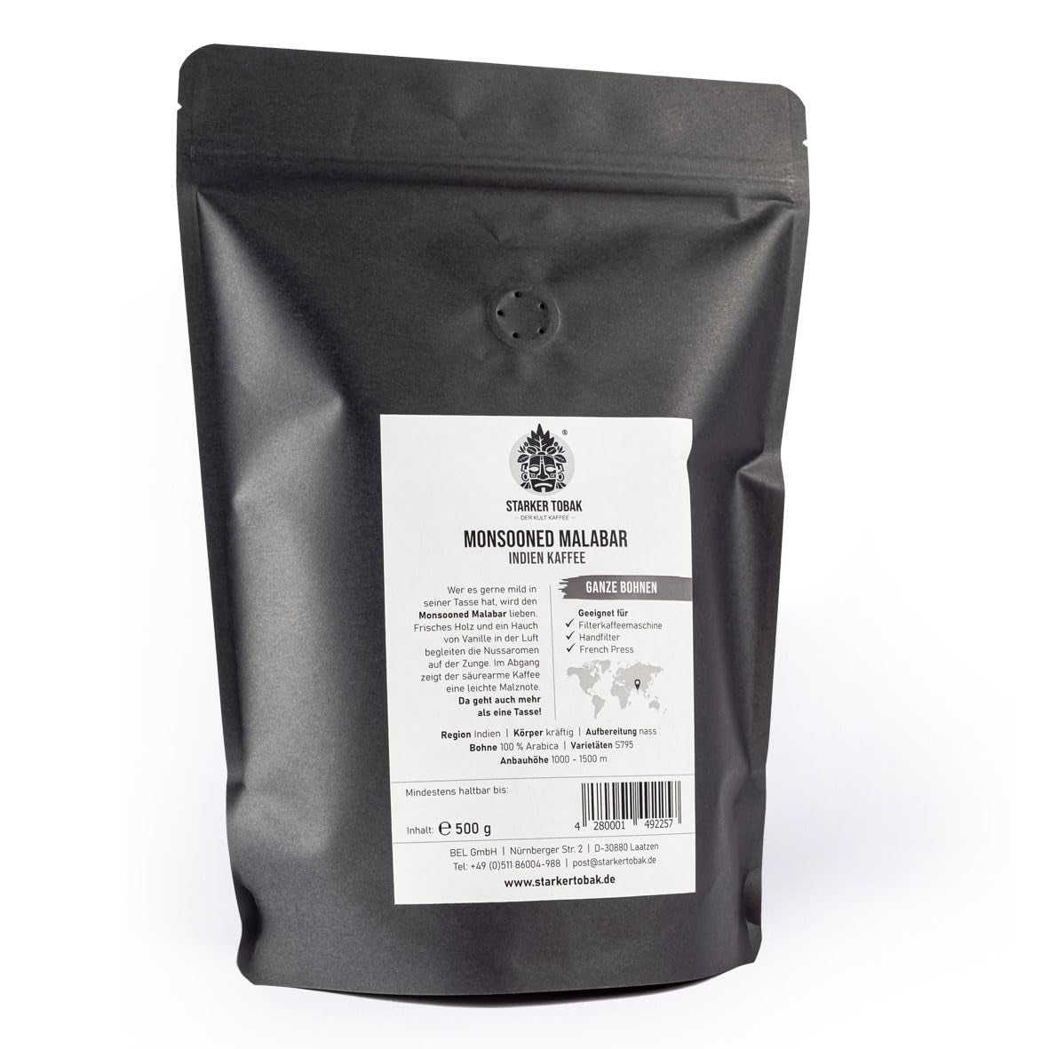 STARKER TOBAK Monsooned Malabar Café, grains entiers, torréfié à la main – torréfaction moyenne, Inde, 100 % Arabica, convient pour café filtre, presse française, cafetières entièrement automatiques, doux pour l'estomac – acidité très faible