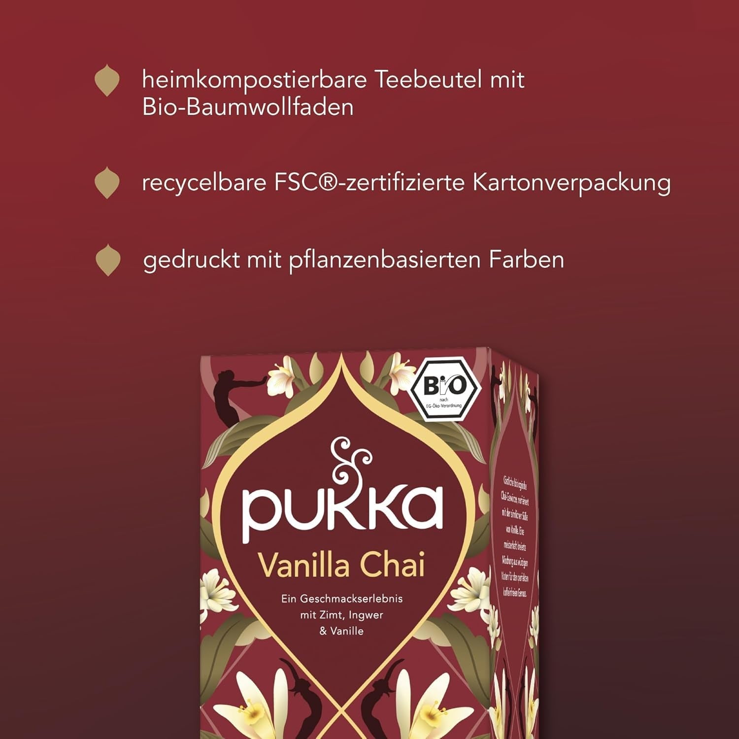 Poukka | Mélange de thés aromatisés bio "Vanilla Chai" | Cannelle, gingembre et vanille | Thé pour une gourmandise à la douceur naturelle | Paquet de 1 | 20 sachets de thé