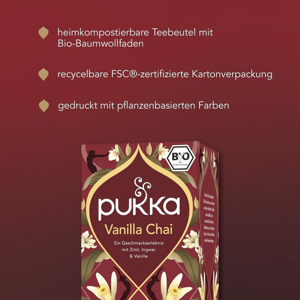 Poukka | Mélange de thés aromatisés bio "Vanilla Chai" | Cannelle, gingembre et vanille | Thé pour une gourmandise à la douceur naturelle | Paquet de 1 | 20 sachets de thé