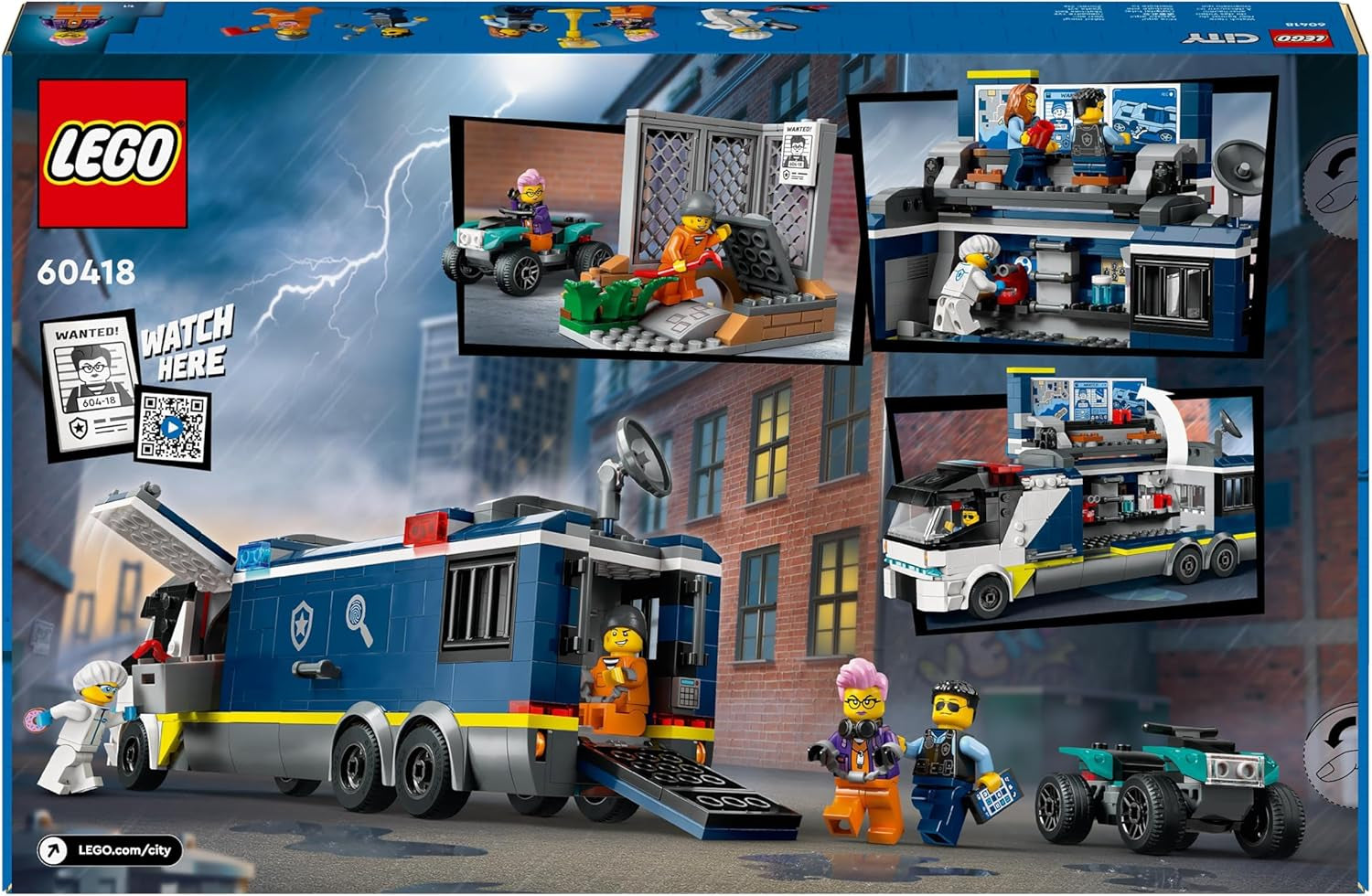 LEGO City Camion de police avec laboratoire, ensemble de police quad et camion jouet pour enfants, cadeau pour garçons et filles à partir de 7 ans, plus 5 figurines - 2 policiers, 1 scientifique et 2 escrocs 60418 Jeux de construction Beuche den LEGO-Store