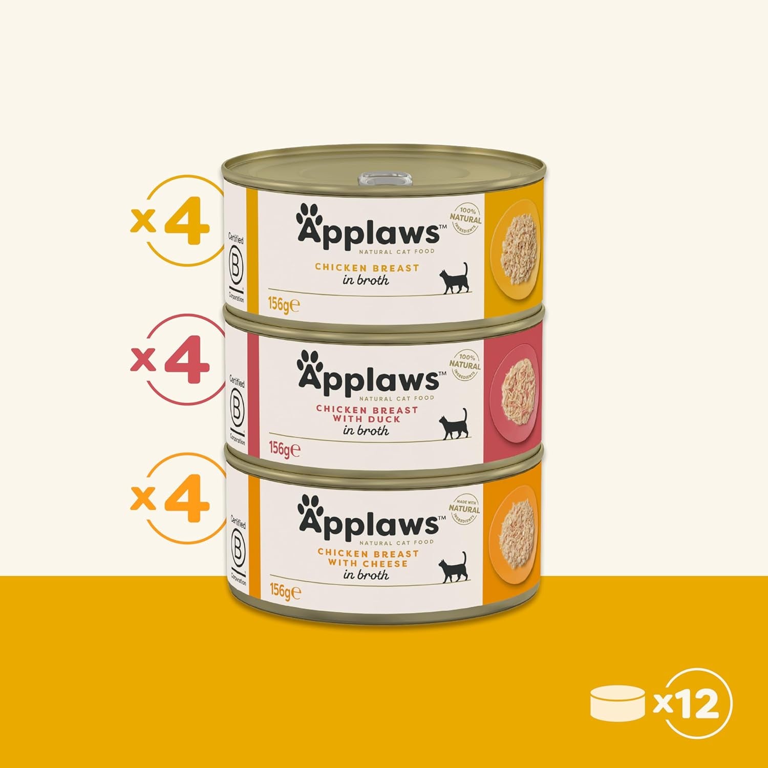 Applaws 100% Naturel Premium Nourriture Humide pour Chat Poulet en Bouillon Multi Pack - 12 Canettes x 156g Pack