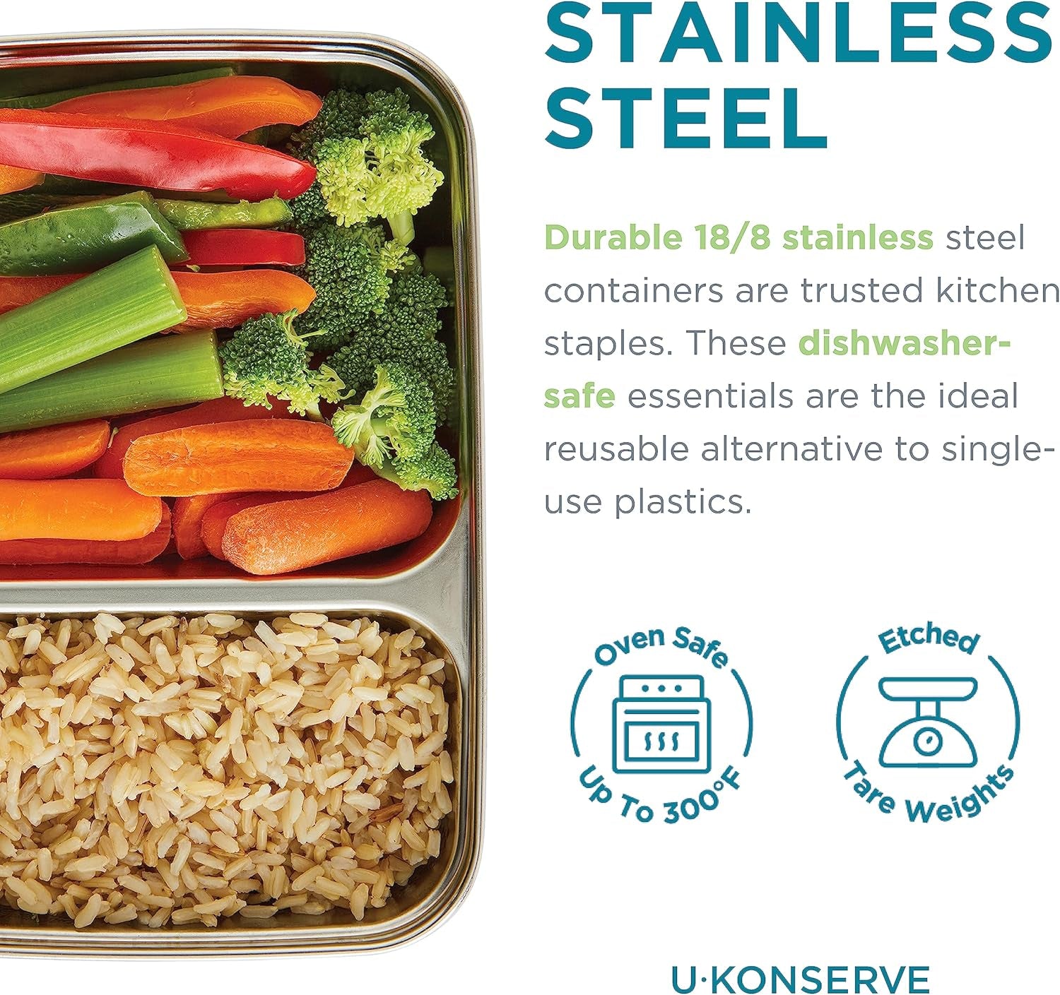 U Konserve - Récipient alimentaire rectangulaire divisé en acier inoxydable avec couvercle en silicone - Bleu sarcelle - Boîtes de conservation des aliments de 28 oz / 825 ml Naty Shop