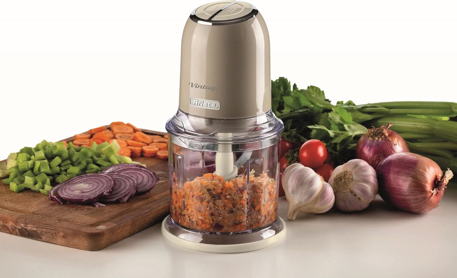Ariete Vintage 438, Retro Elektrischer Gemüse- Und Ice-Crusher Mit 2 Geschwindigkeitsstufen, 4 Edelstahlklingen, Rutschfesten Standüßen, 600 Ml Fassungsvermögen, 400W, Beige Mother and Child Naty Shop