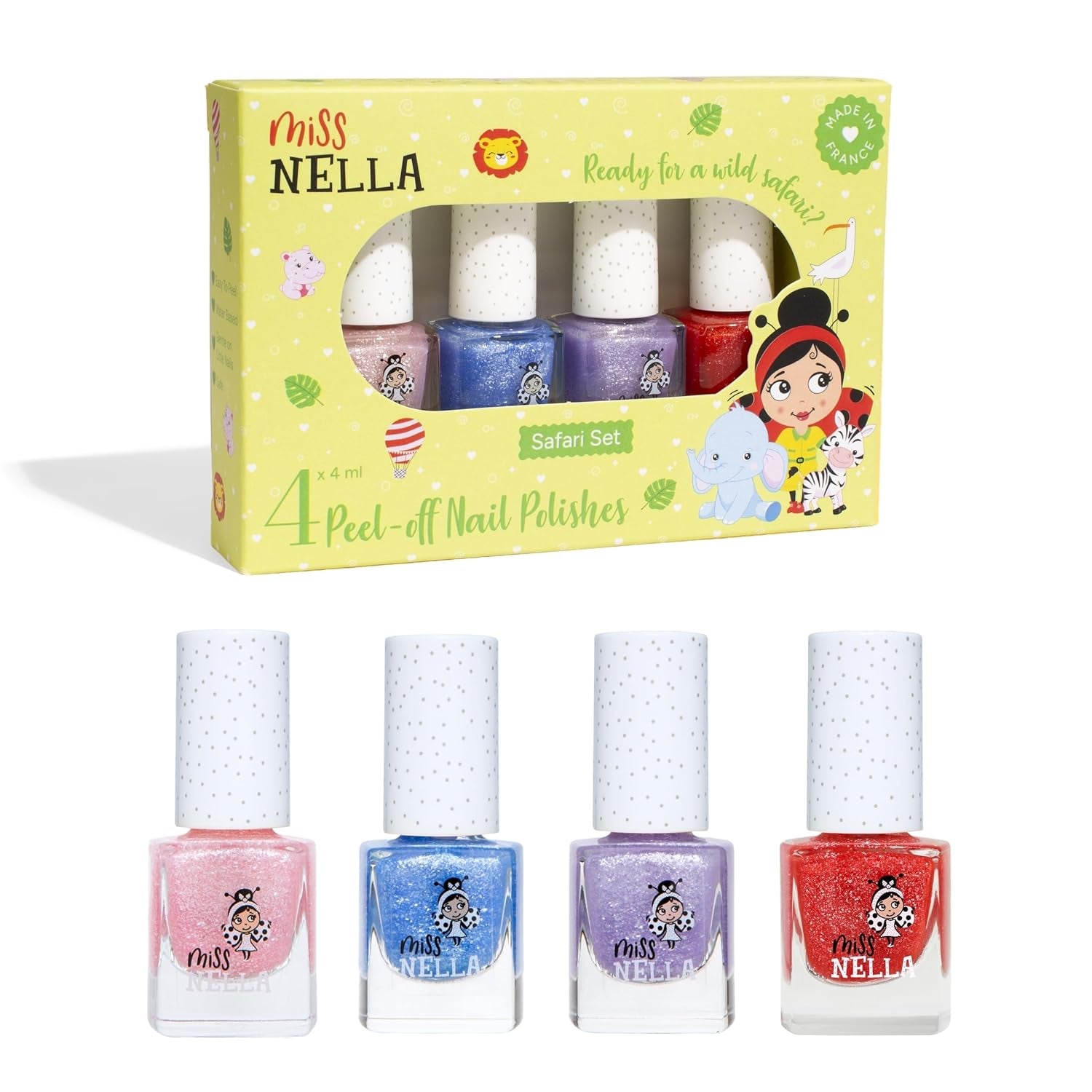 Miss Nella Magic Collection Lot de 4 vernis à ongles pailletés : rose, rouge, or et bleu, vernis à ongles amovible spécial enfants, non toxique, à base d'eau, sans odeur