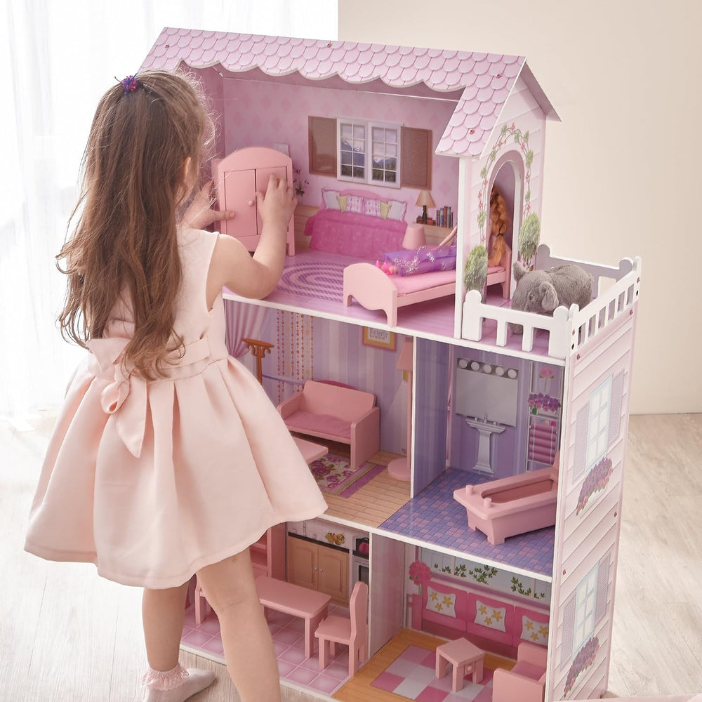 Maison de poupée géante Olivia's Small World, grande maison de poupée en bois avec meubles et accessoires, maison de poupée à 3 étages pour enfants, maison de poupée pour poupées de 12", 3 ans + Naty Shop Dollhouses