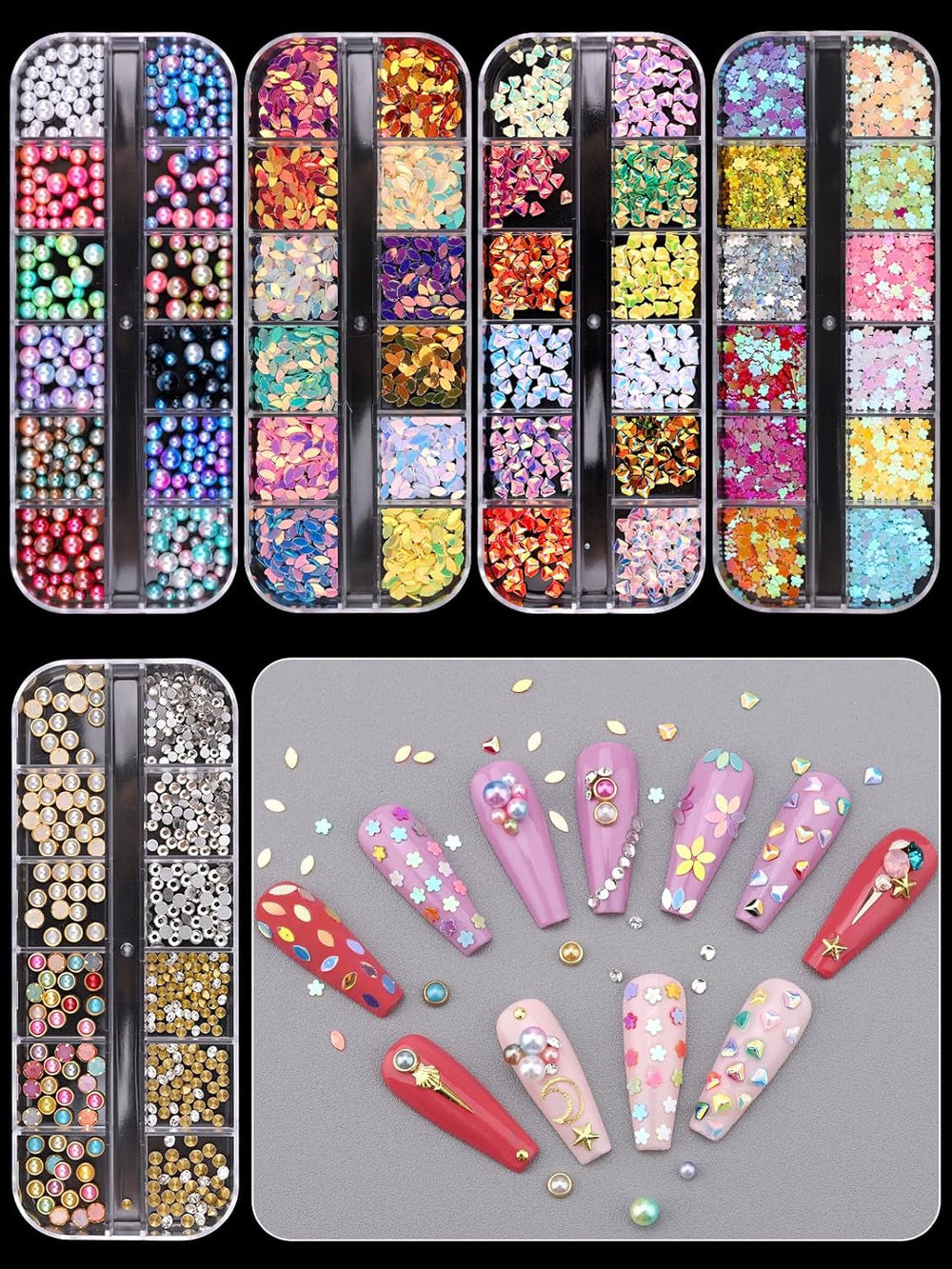EBANKU Nail Art Strass Kit Multi Design Zubehör Mit 1 Pinzetten 1 Stück Wachsstifte Deko Diamanten Kristalle Perlen Edelsteine ​​​​Bunt Pferdeaugen Strass Metall Nieten Für Nagel DIY (1 Stück (10Er Pack))