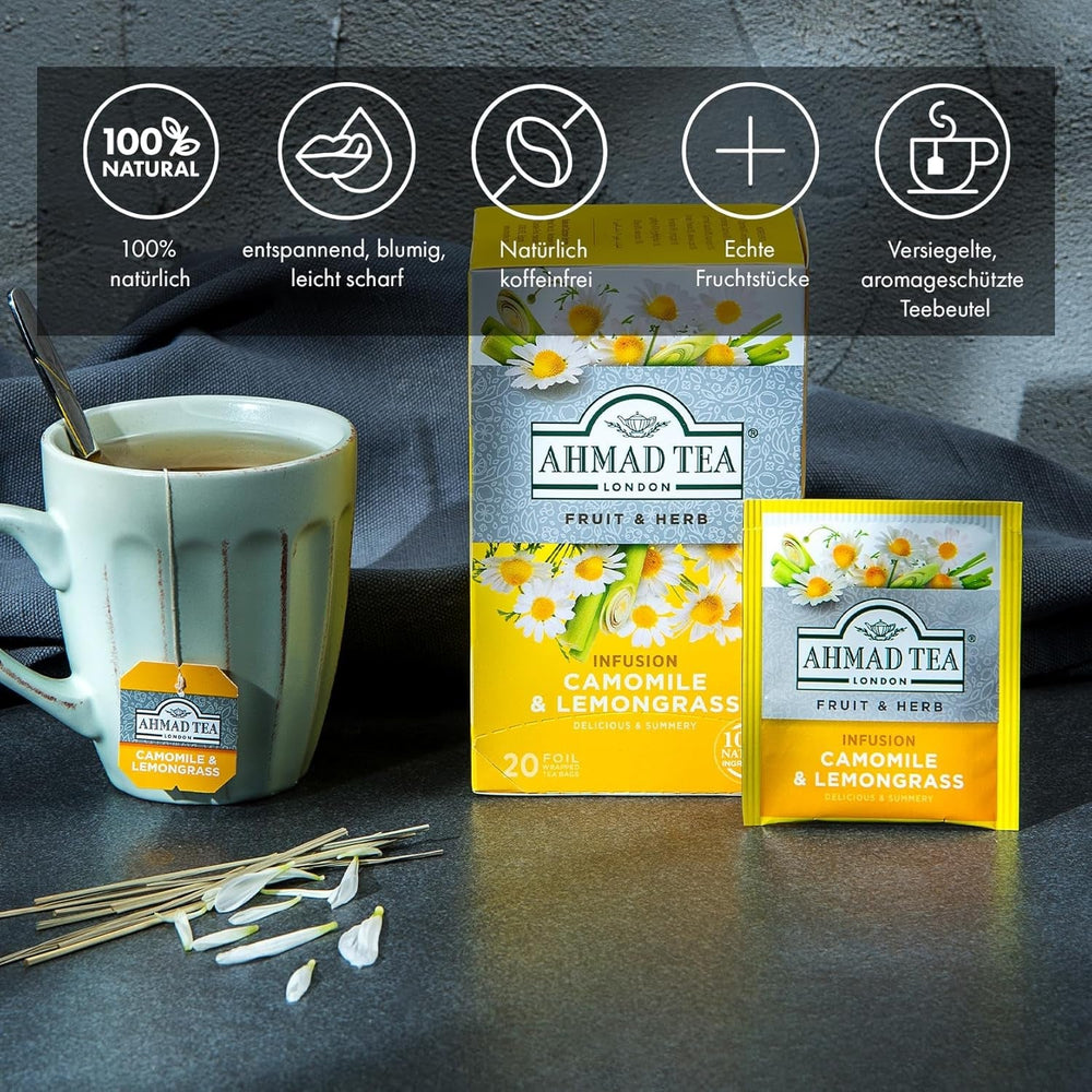 Ahmad Tea - Camomile &amp; Lemongrass - Ceai de fructe și plante fără cofeină - Mușețel și lemongrass - Pliculețe de ceai ambalate individual, sigilate pentru păstrarea aromelor, cu 2 g de ceai per porție - 20 pliculețe de ceai cu bandă