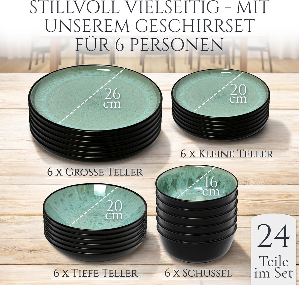 Service de table 24 pièces en grès cérame pour 6 personnes, design Ibiza, GAGNANT DU TEST. Un magnifique ensemble de vaisselle méditerranéenne comprenant des bols et des assiettes. Service de table Pure Living, vert sauge.