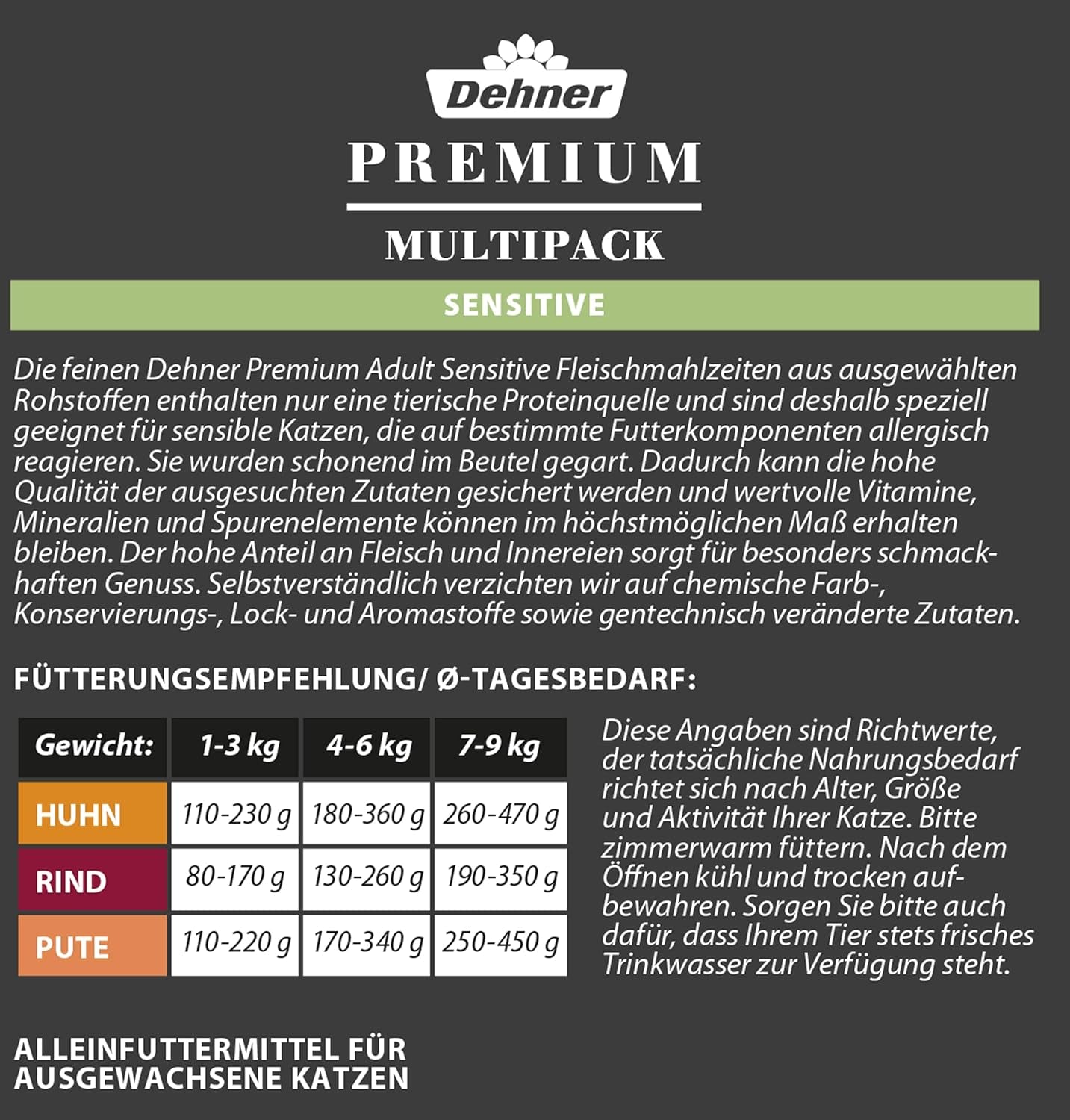 Dehner Premium Katzenfutter Sensitive Multipack, Nassfutter, pour ernährungsensible Katzen, je 4 x Huhn / Rind / Pute, 12 x 100 g Sachet (1,2 kg)