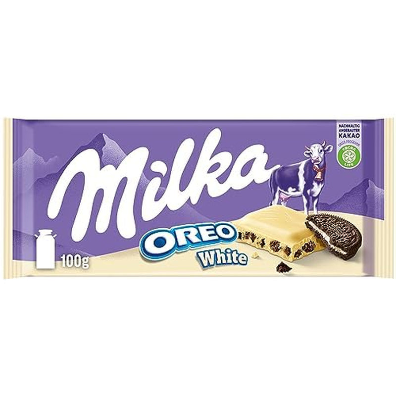 Milka Oreo Sandwich – Chocolat au lait alpin, fourré de morceaux croquants de biscuits Oreo et de crème onctueuse à la vanille – 92g