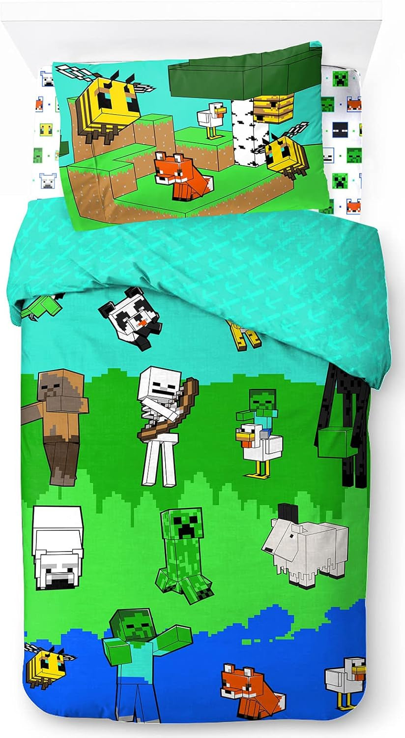 Parure de lit enfant unisexe, princesses et super-héros, 100% coton Parure de lit enfant Naty Shop Multicolore - Minecraft 135X200/50X70 (3 Pièces)