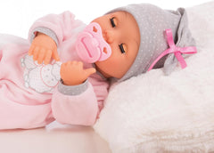 Bayer Design 93829AA Poupée interactive My Piccolina avec fonction, Poupée parlante, Bouge la bouche, 38 cm, Tétine, Biberon, Rose, Gris