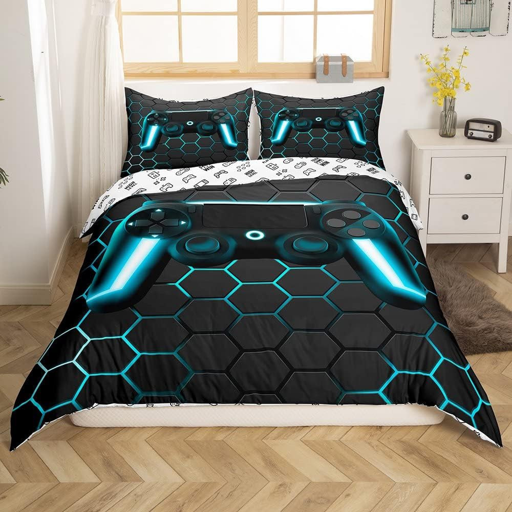 Parure de lit Gamer pour jeunes 155 x 220 cm, housse de couette pour enfants, adolescents, hommes, jeux vidéo, décoration réversible, housse de couette, vert, contrôleur de jeu rétro, housse de couette blanche Luxus, 2 pièces