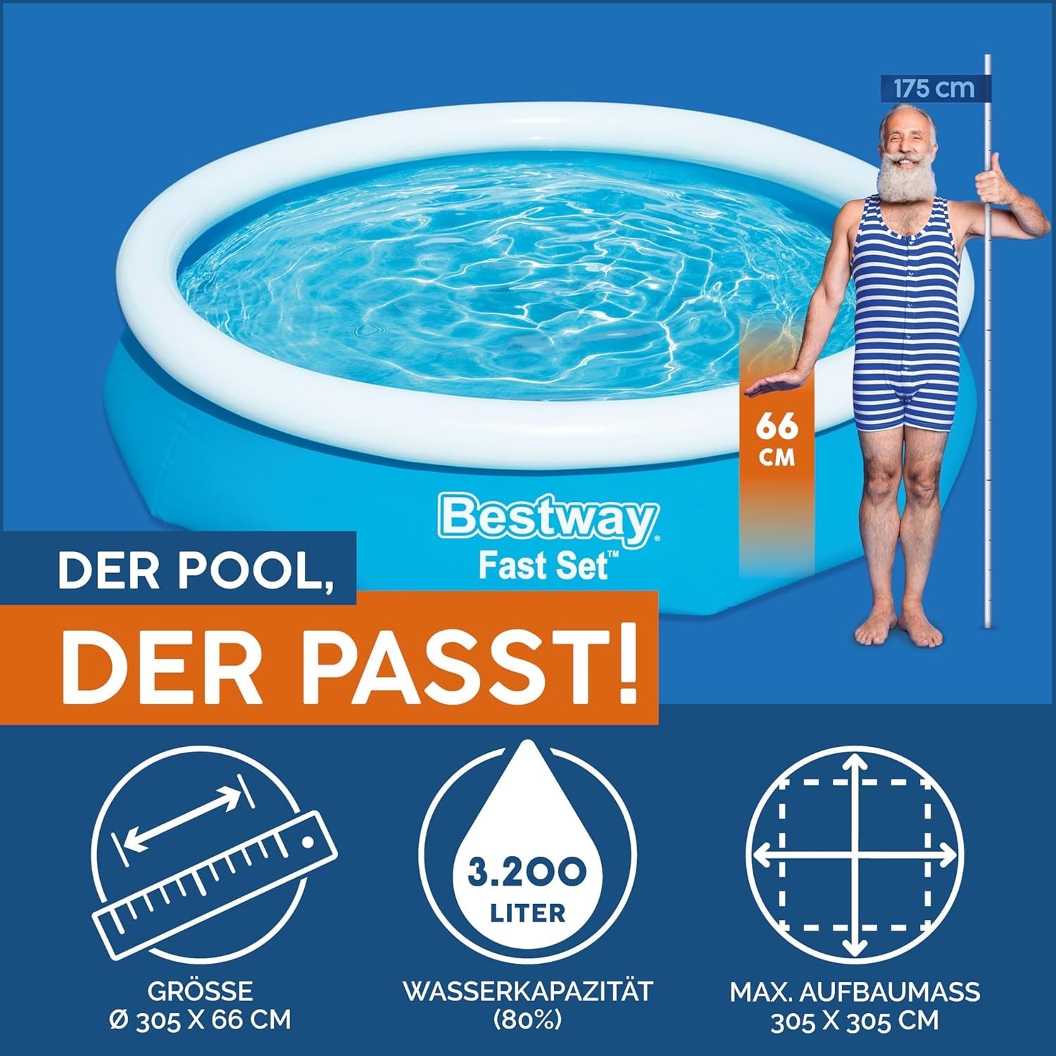 Piscină supraterană Bestway Fast Set fără pompă 305 x 66 cm, albastră, rotundă (57456)
