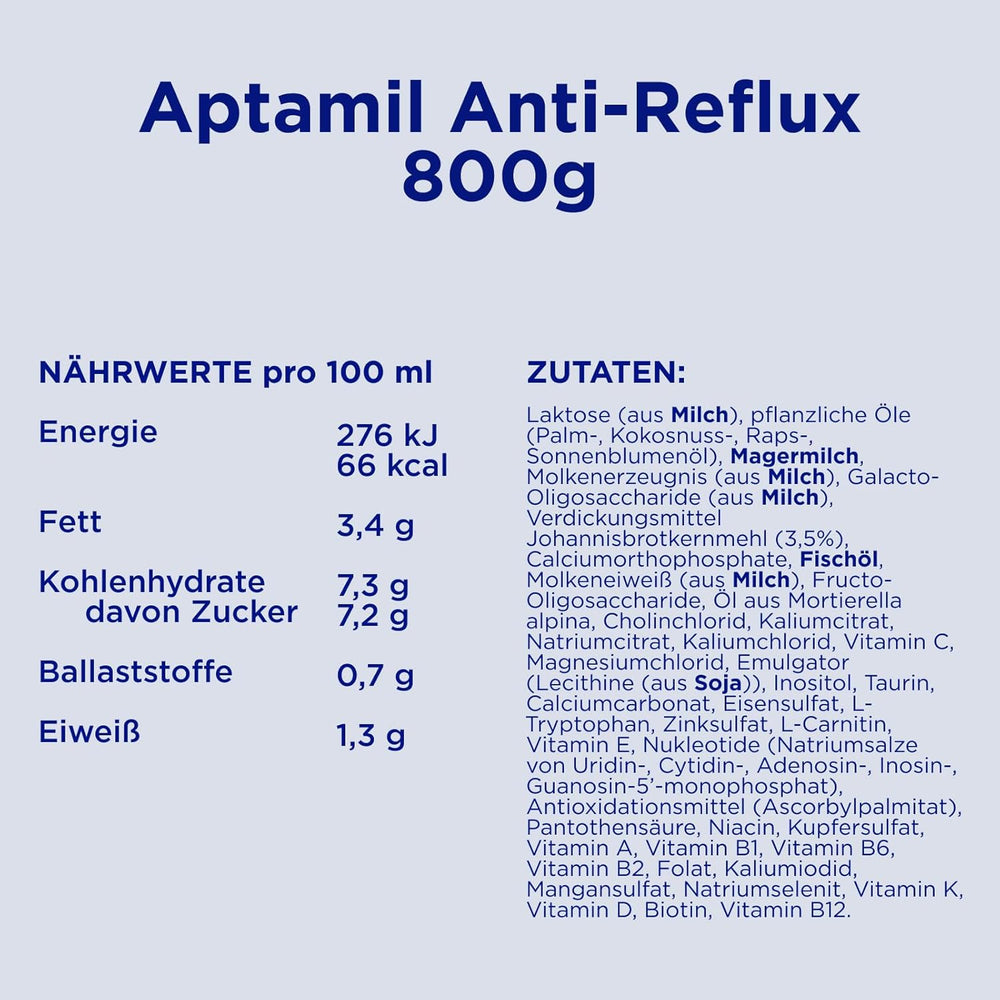 Aptamil Anti-Reflux - Formule Complète Dès la Naissance Gestion Diététique Vomissements & Régurgitations Aliment pour Bébé Lait en Poudre 1 x 800 g