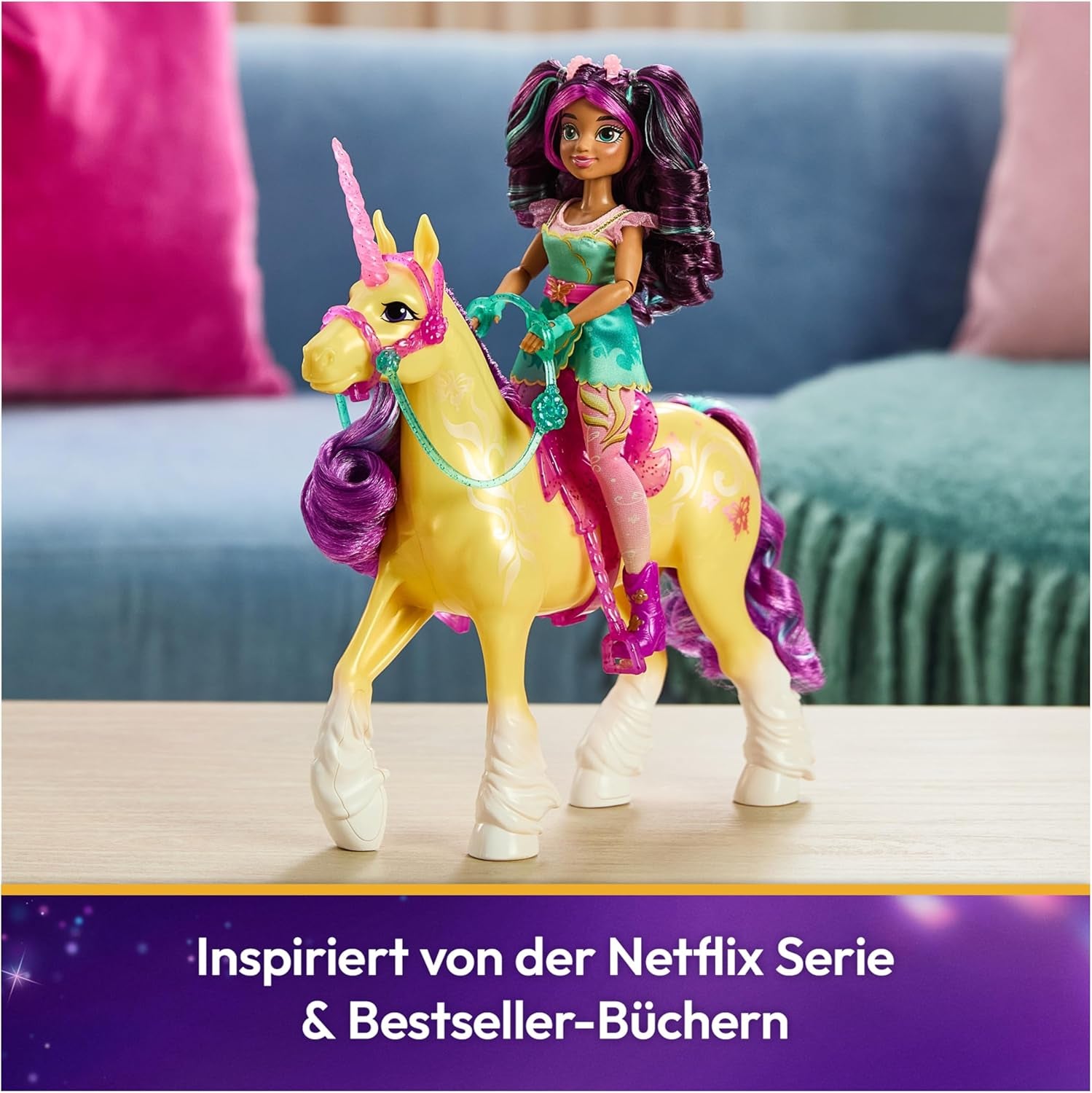 Unicorn Leaf Unicorn Academy - Licorne Ava originale de 28 cm de haut de la série Netflix avec une vraie crinière et une vraie queue, une bride, une selle et une brosse amovibles, pour les enfants à partir de 4 ans