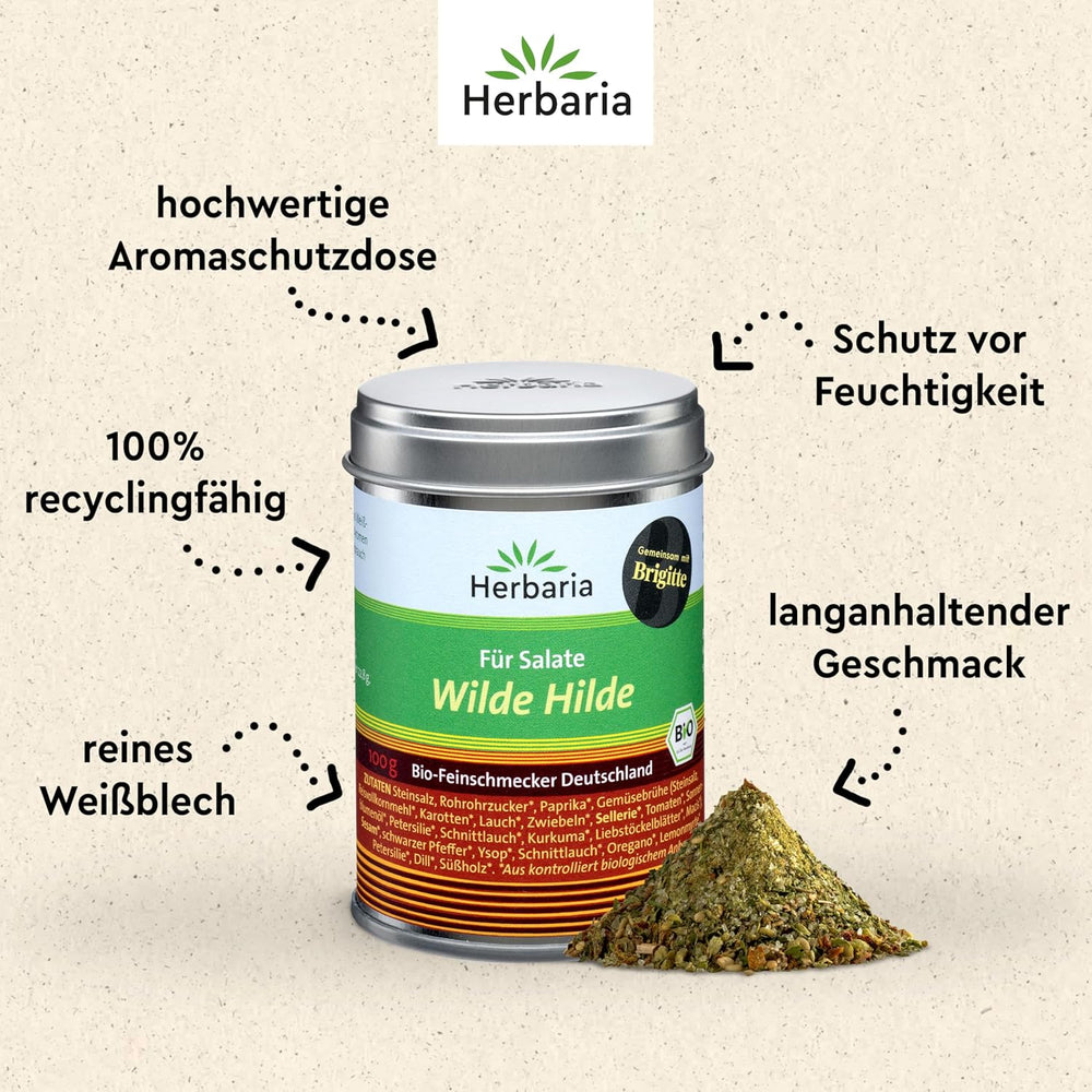 Herbaria Wilde Hilde bio 100g M-Dose-fertige Bio-Gewürzmischung - Saladewürz für ausgefeilte Salade - with erlesenen Ingredient - in nachhaltiger Aromaschutz-Dose