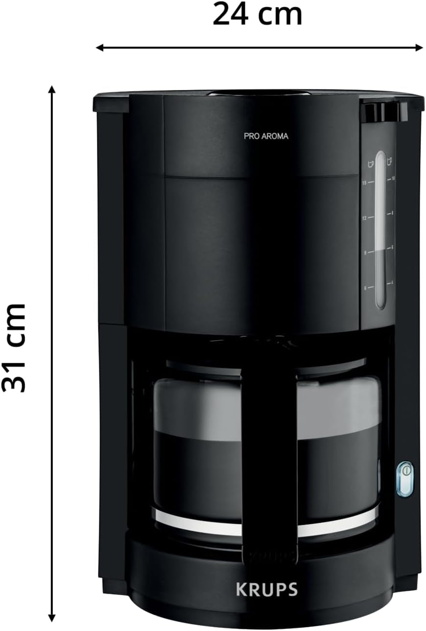 Krups F30908 ProAroma Machine à expresso avec filtre et carafe en verre, capacité 1,25 l, 10-15 tasses, 1050 W, noir