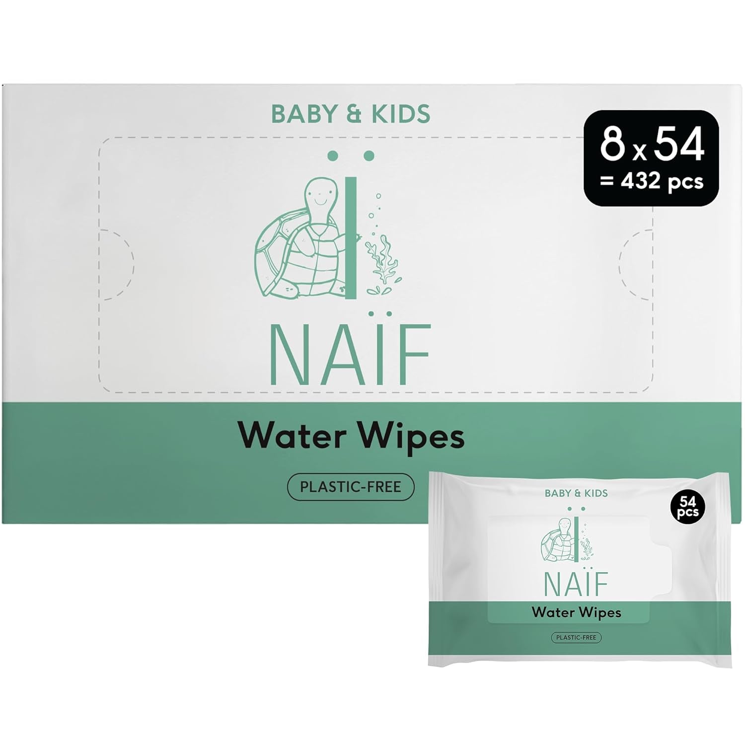 Naïf Lingettes Bébé Sans Plastique 432 Pièces (Pack de 8 x 54 Lingettes) - Soin des Fesses, du Corps et du Visage de Bébé - 99% d'eau - 0% Parfum & Alcool - Boîte de Lingettes Humides Durables, Eucalyptus Sensible