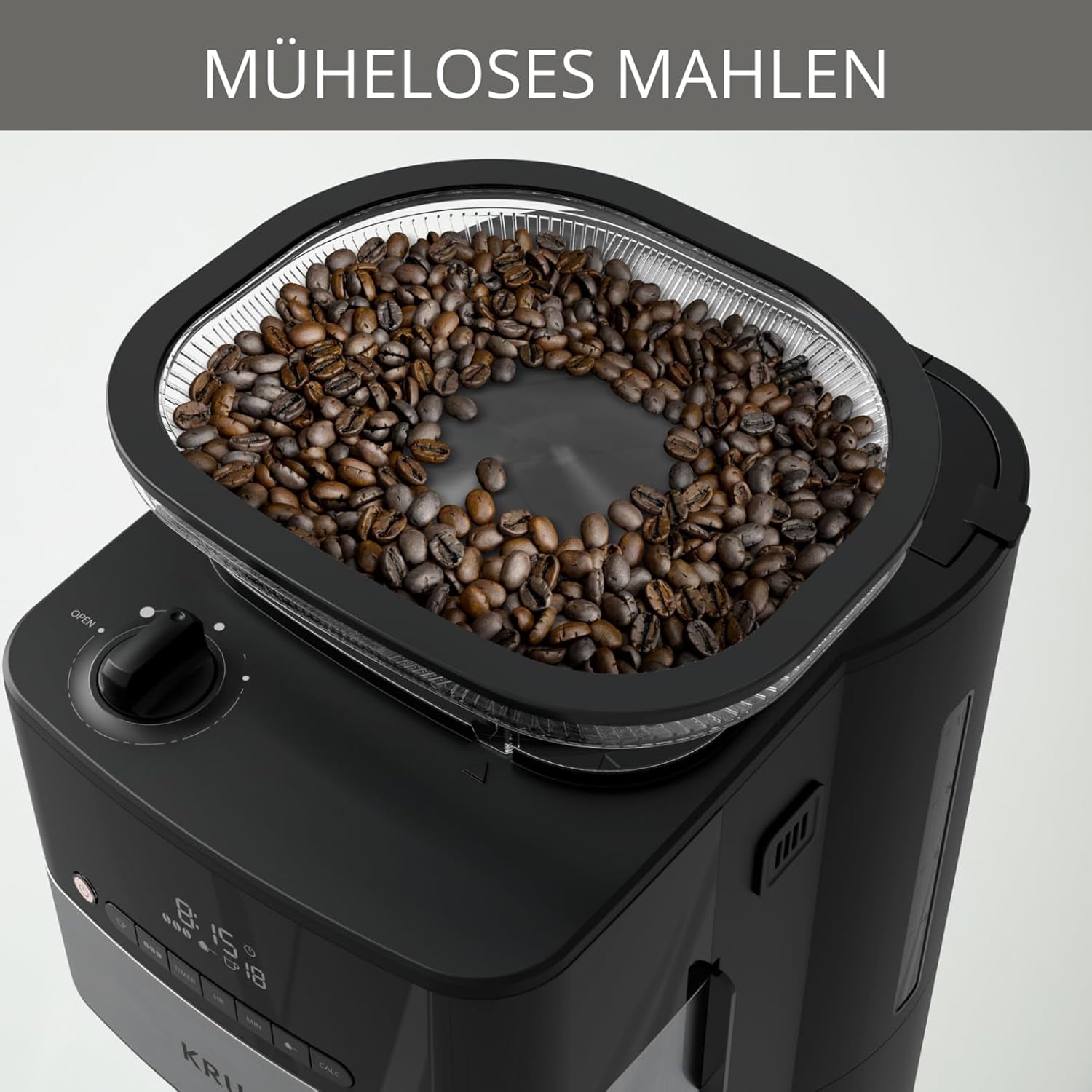Machine à expresso Krups KM8328 Grind avec broyeur | Minuterie 24 heures | Contenant à céréales 180 g | Capacité 1,25 l pour jusqu'à 15 tasses de café | Fonction de mise hors tension automatique | 3 réglages de mouture | Noir