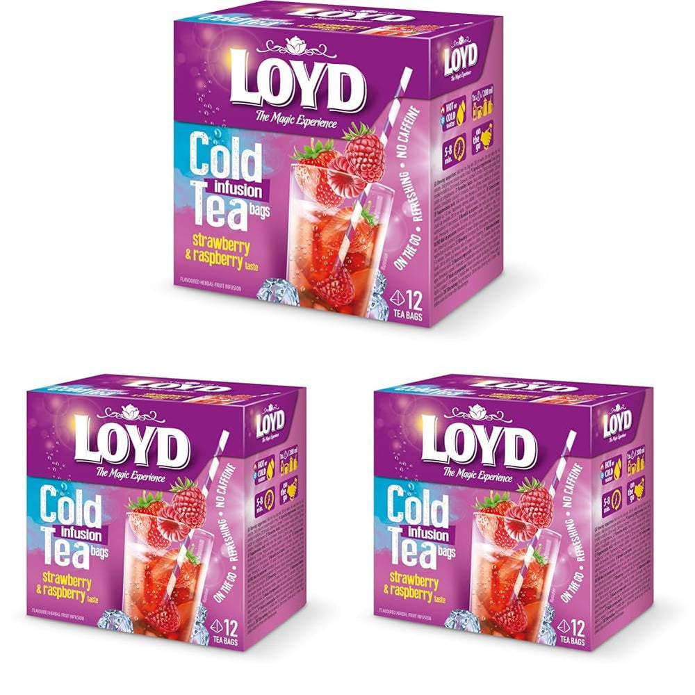 LOYD - Ceai rece cu căpșuni și zmeură - 12 pliculețe piramidale, ceai rece de vară, ceai rece aromatizat, cu ingrediente naturale, apă aromatizată, fără adaos de zahăr, preparat la rece - 30 g