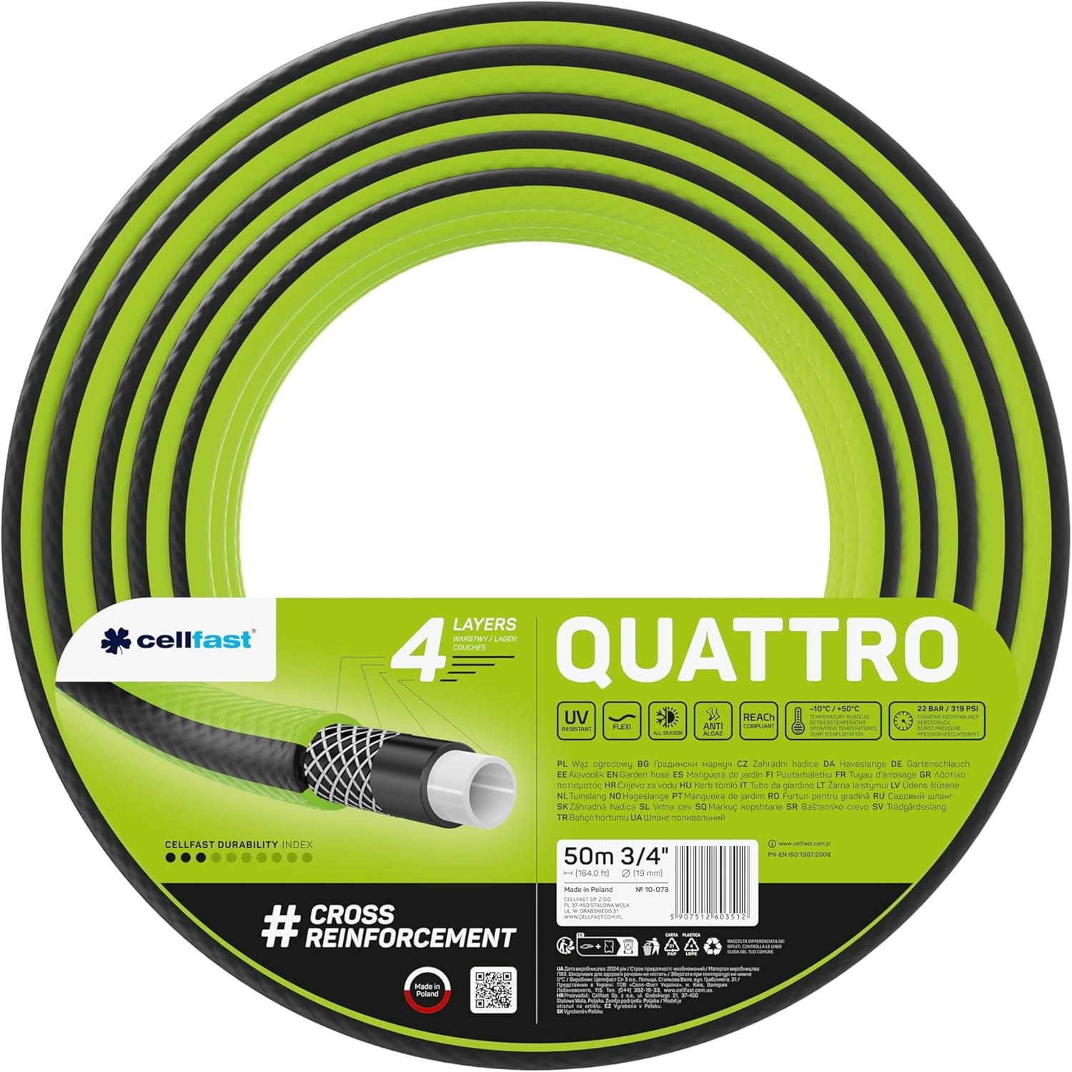 Cellfast QUATTRO Tuyau d'arrosage durable et léger, 4 plis, résistant aux UV, tresse croisée, 20 bars, 3/4" 15 m 10-074