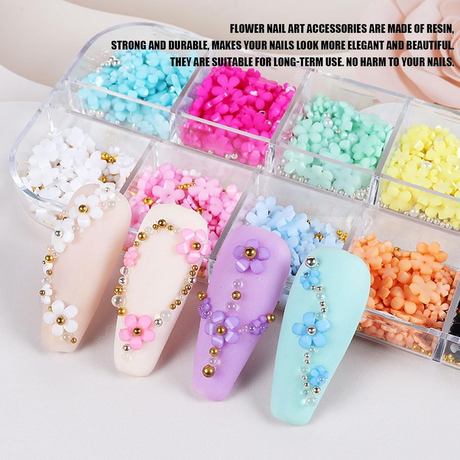 Breloques pour ongles en forme de fleur 3D, 12 grilles en résine acrylique, fleurs et perles dorées et argentées, pierres à ongles en gel, décorations d'ongles en fleurs pour femmes et filles, accessoires de manucure DIY