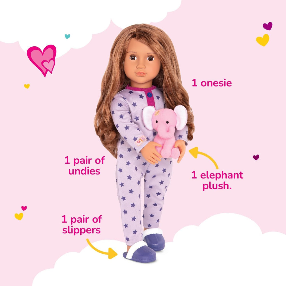 Our Generation - Maria - 46 cm-Puppe - Braune Augen & brünettes Haar - Pyjama-Strampler-Outfit - Elefant Plüschtier - Spielzeug für Kinder ab 3 Jahren