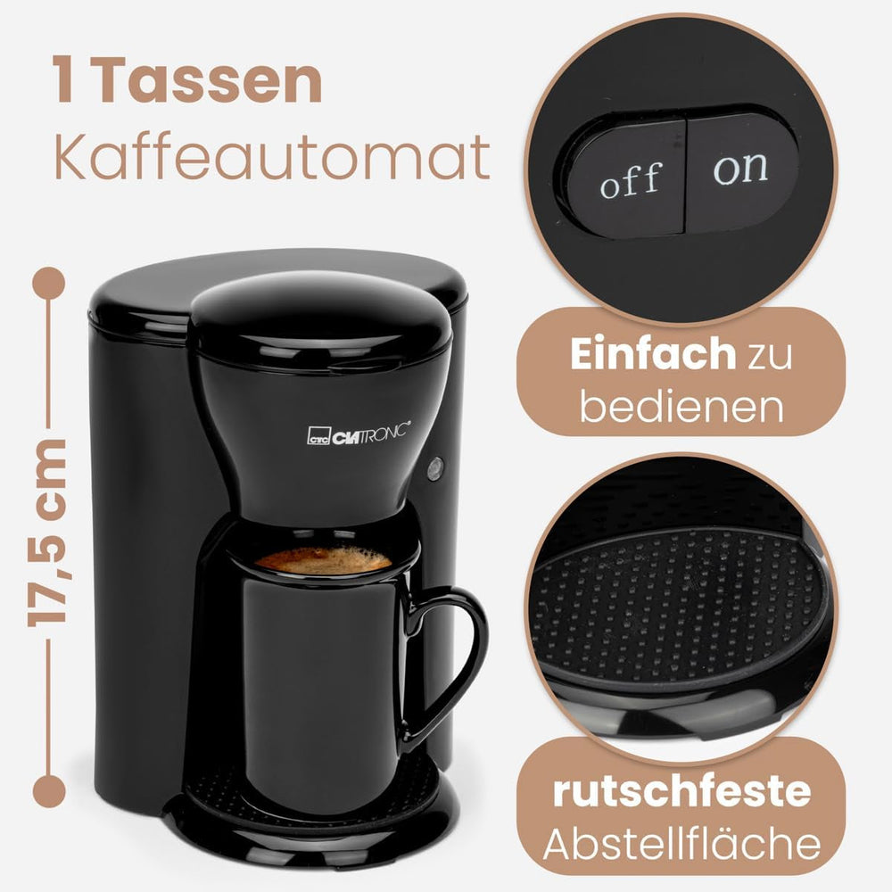 Cafetière Clatronic® 1 tasse | Machine à expresso parfaite pour les célibataires | Machine à expresso avec filtre, avec tasse en céramique | Petite machine à expresso avec filtre, idéale pour les voyages | KA 3356